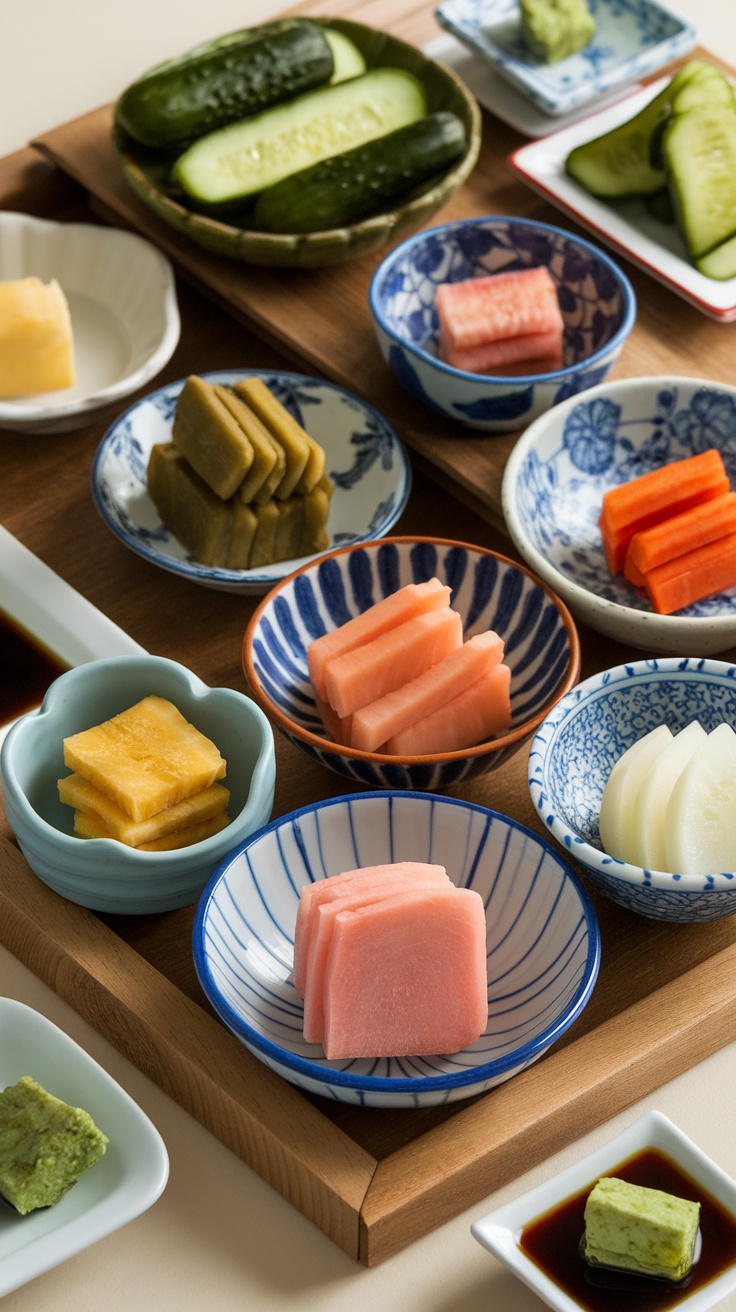 An assortment of Japanese pickles displayed in colorful bowls.