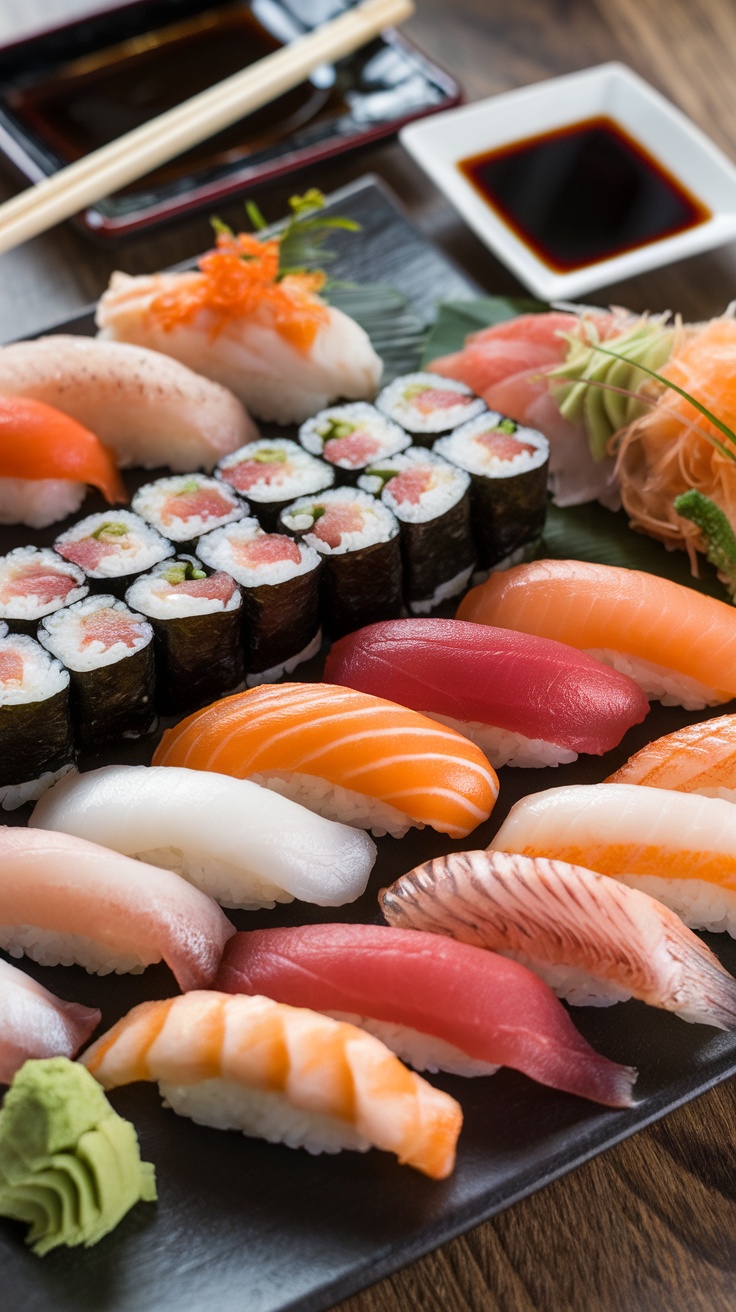 A platter of various sushi types, showcasing nigiri and maki.