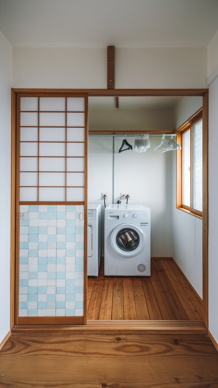 Japanese laundry room with sliding doors and wooden flooring.