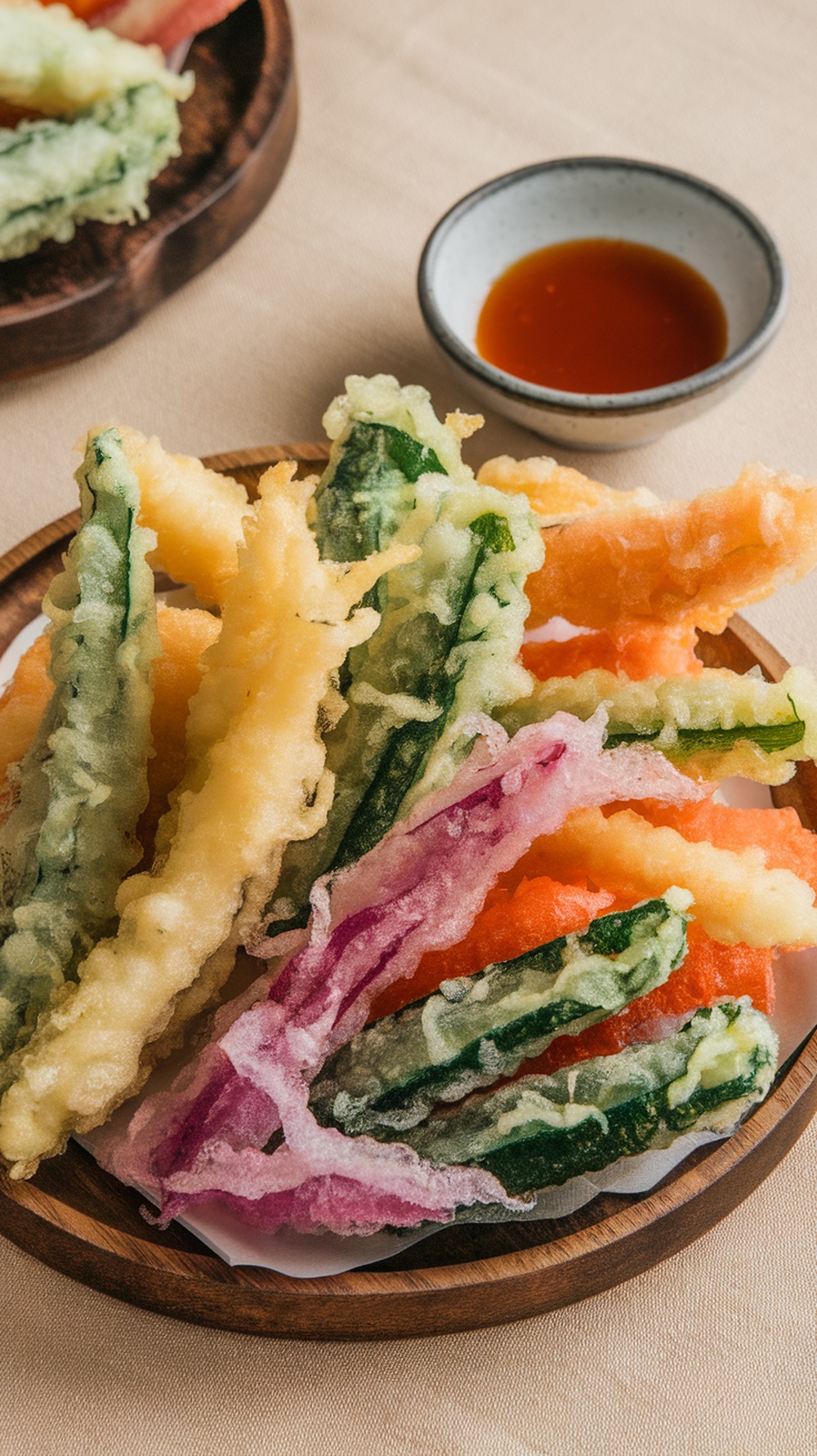 A plate of colorful vegetable tempura with a small bowl of dipping sauce.