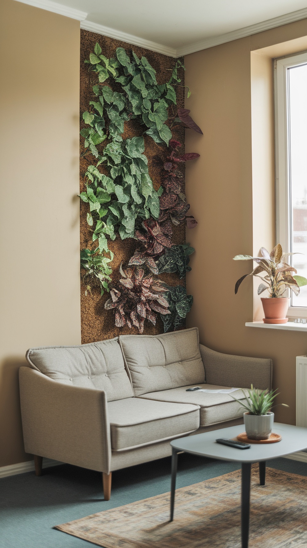 A small living room featuring a vertical garden on the wall, with a gray sofa and plant on the table.