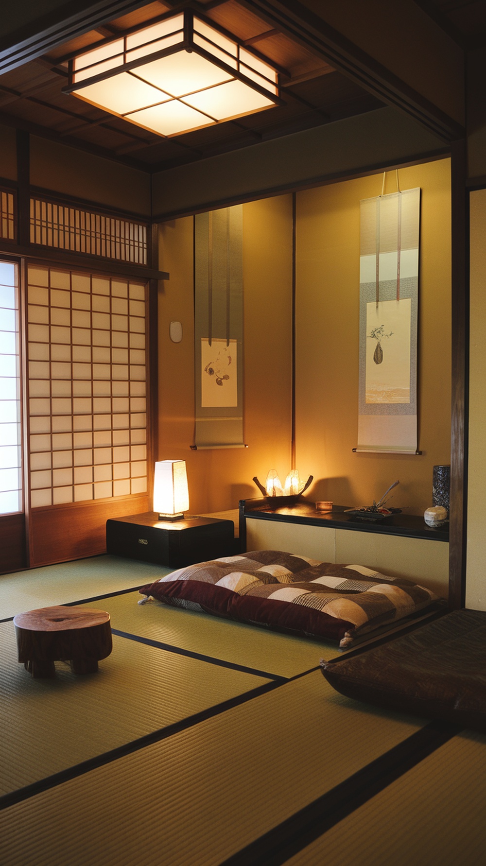 A cozy Japanese living room with warm lighting and traditional decor.