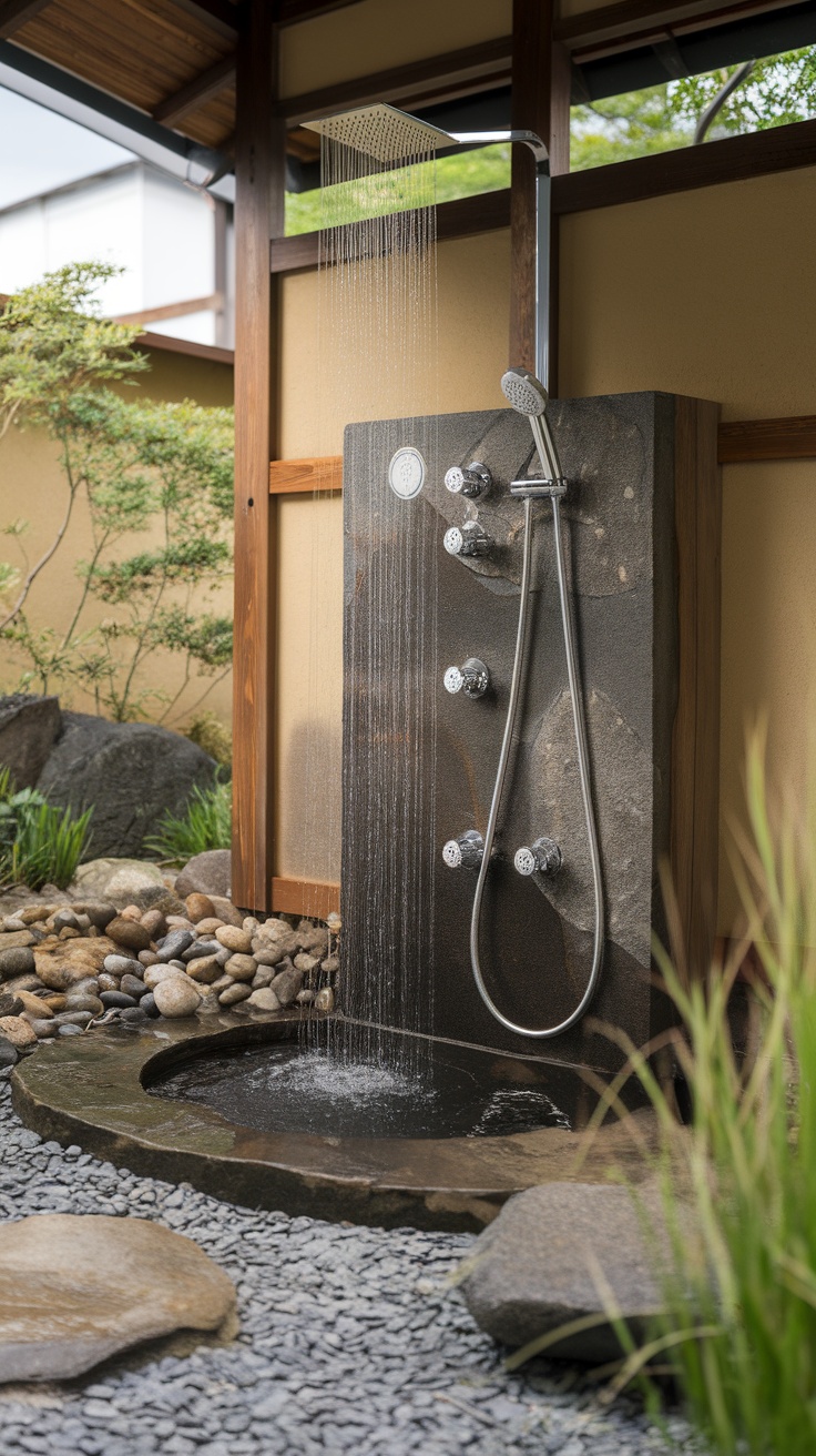 An image showcasing water-saving features in a Japanese shower room.
