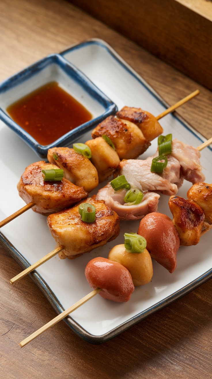 Grilled chicken skewers served with dipping sauce and garnished with green onions.