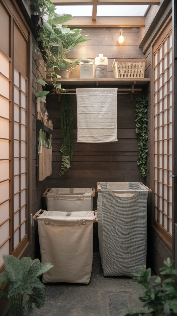 A serene Japanese-inspired laundry room featuring baskets, plants, and wooden accents.