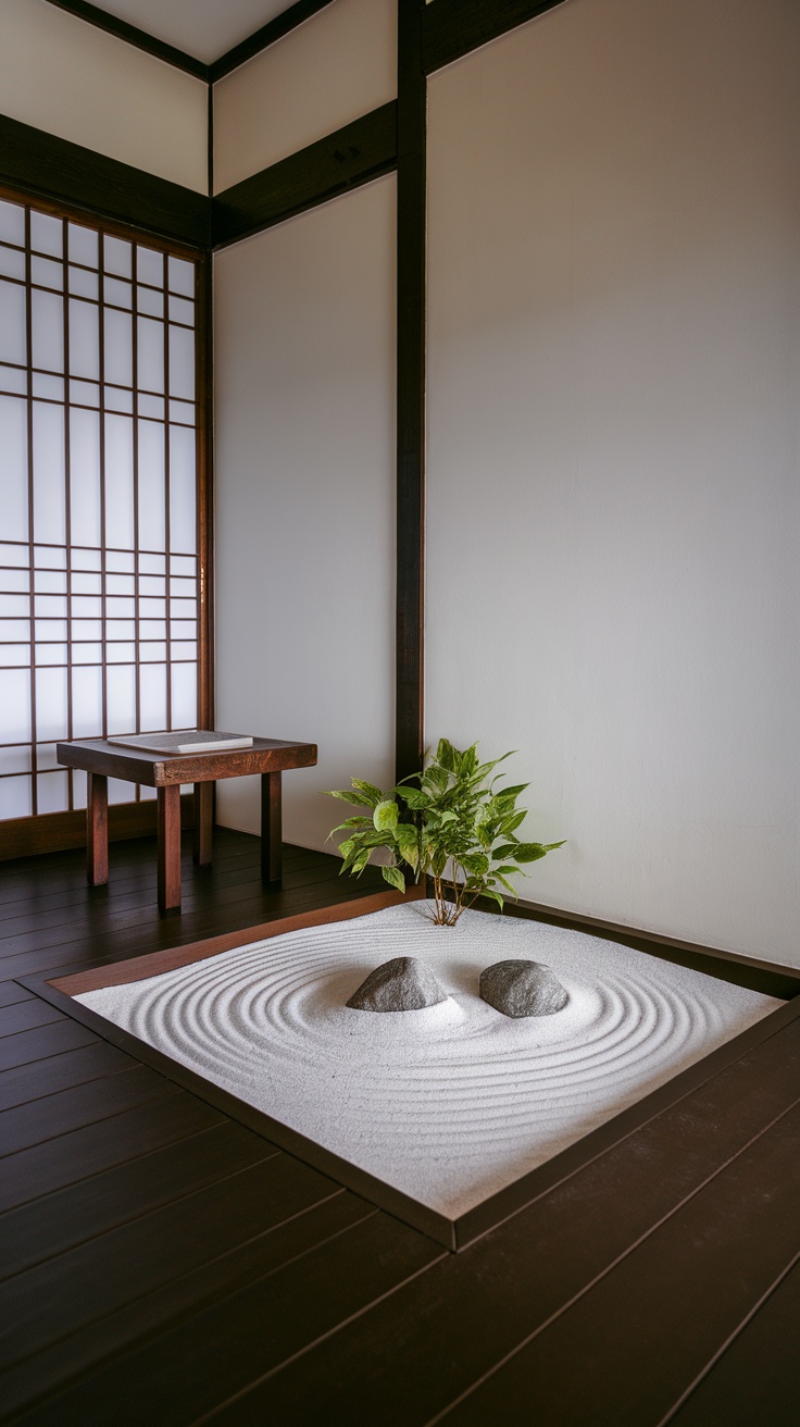 A minimalist Japanese-style living room featuring a zen garden with raked sand, two stones, a small plant, and a wooden table.
