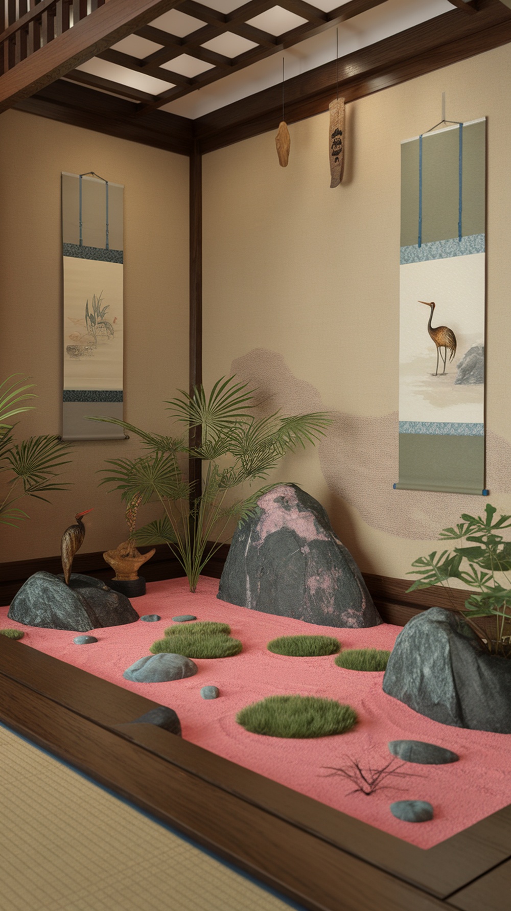 A zen garden featuring pink sand, dark stones, and green plants.