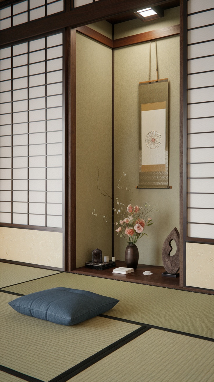 A serene Japanese-style meditation corner with a cushion and floral arrangement.