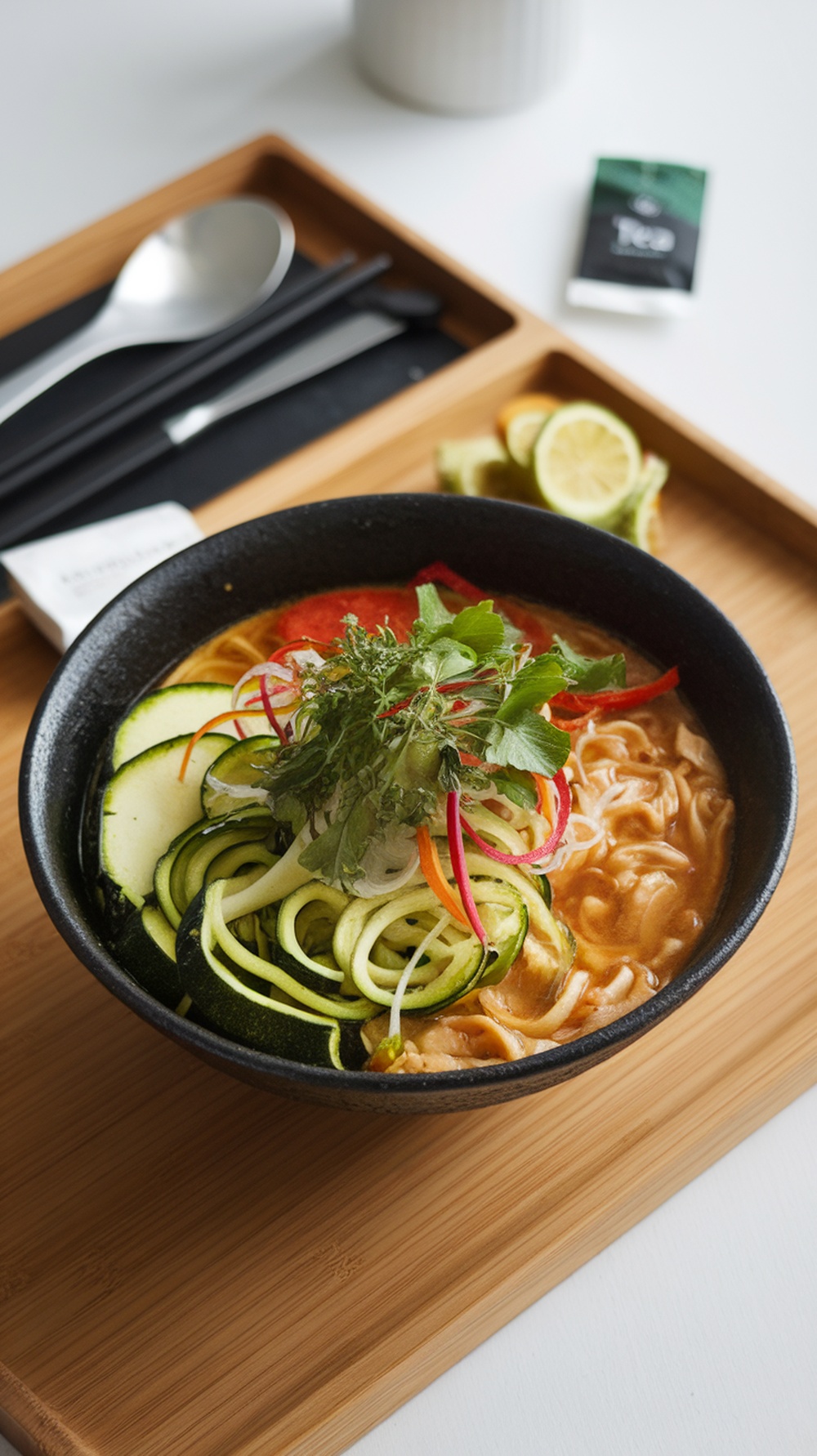 A vibrant zucchini noodle ramen bowl topped with fresh vegetables and herbs.