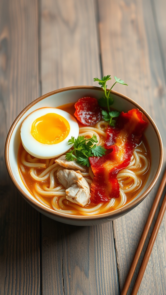 Bacon Chicken Ramen served in a bowl with toppings