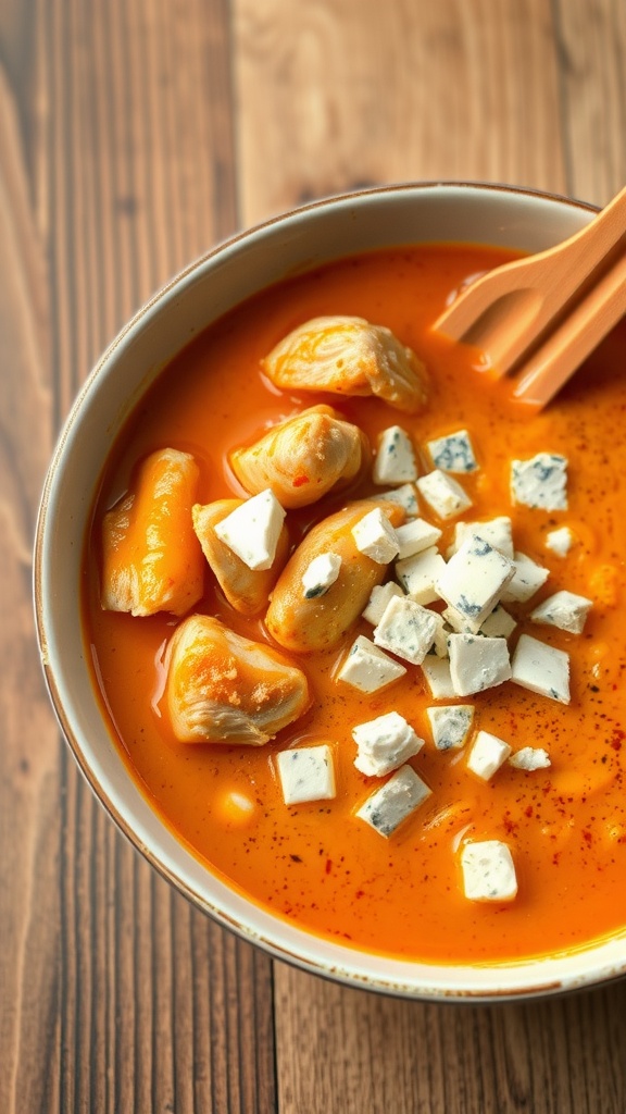 A bowl of spicy buffalo chicken ramen topped with blue cheese and green onions.