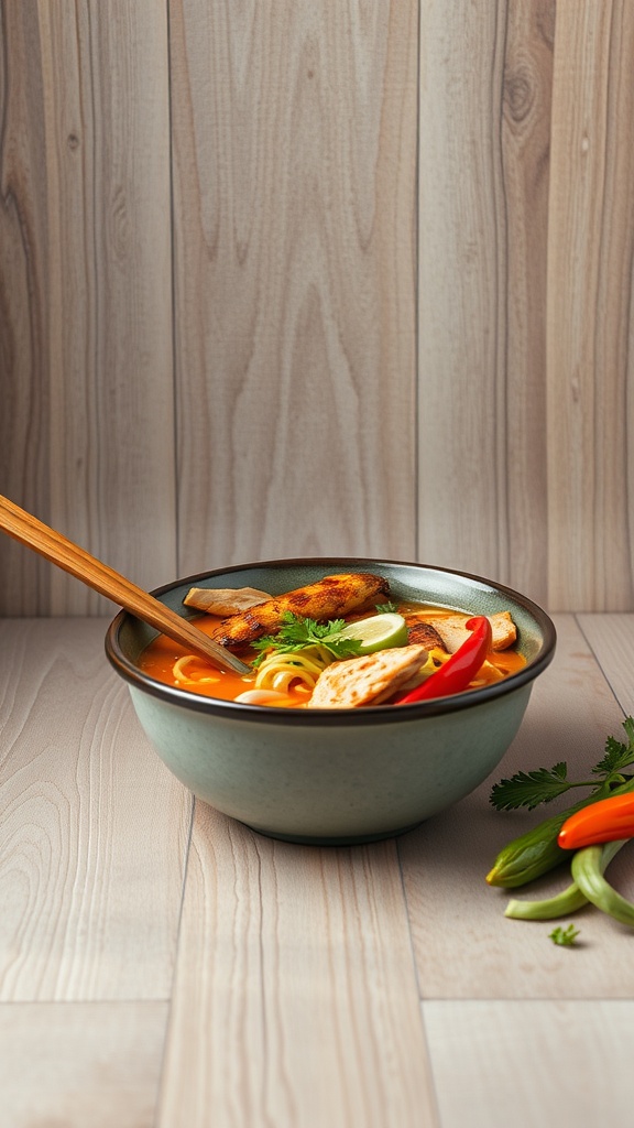 A bowl of Cajun Chicken Ramen featuring noodles, vegetables, and sliced chicken.