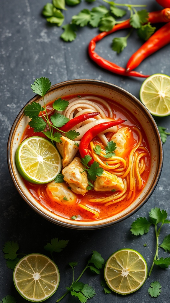 A bowl of chili lime chicken ramen with noodles, chicken, lime slices, and herbs.