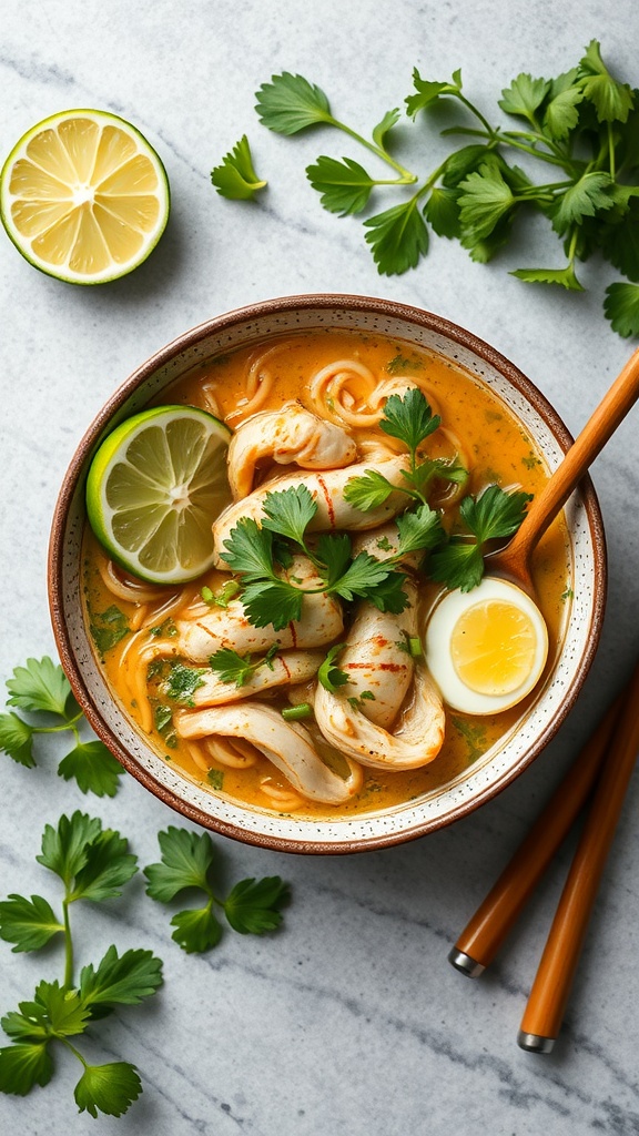 A bowl of cilantro lime chicken ramen with sliced chicken, lime, and cilantro on top.