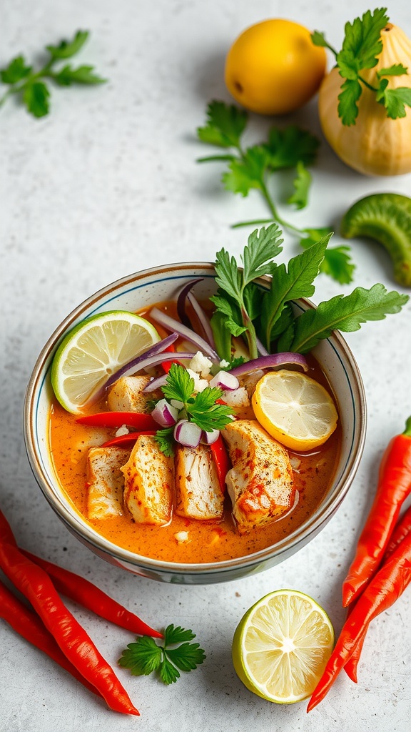 Bowl of Coconut Curry Chicken Ramen with chicken, vegetables, and garnishes