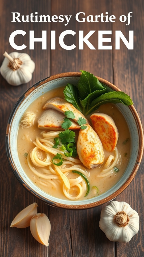 A bowl of creamy garlic chicken ramen with sliced chicken and garnished with herbs