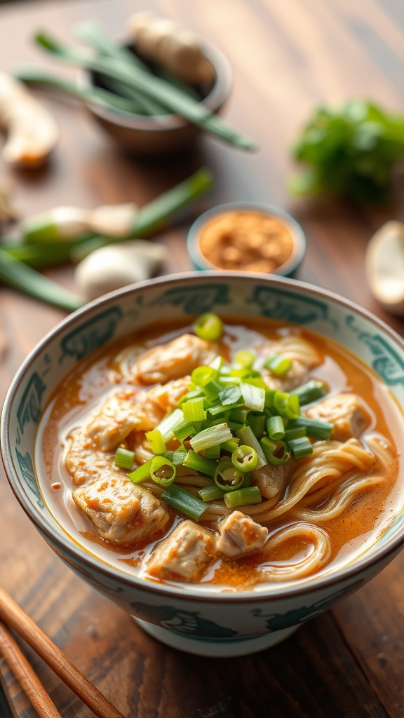 A bowl of Ginger Scallion Chicken Ramen with green onions on top.