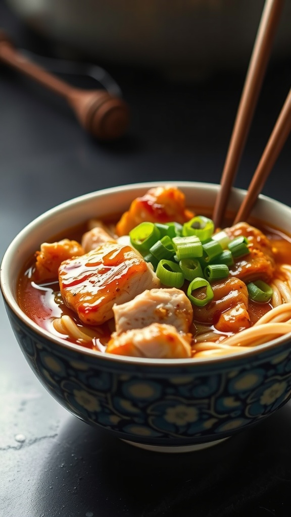 A bowl of honey soy chicken ramen topped with green onions.