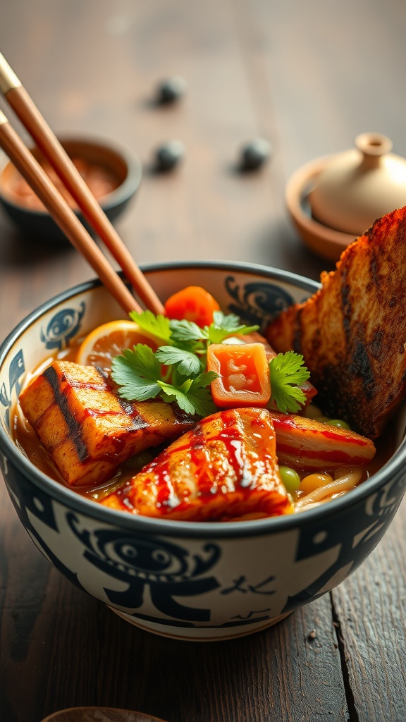 A bowl of Korean BBQ chicken ramen garnished with vegetables and herbs