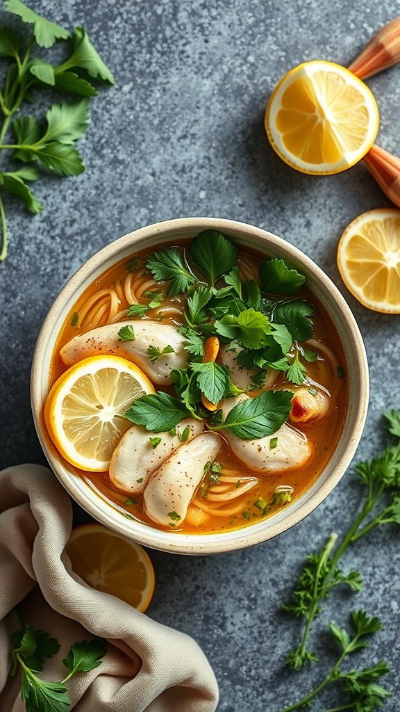 Bowl of lemon herb chicken ramen with garnishes