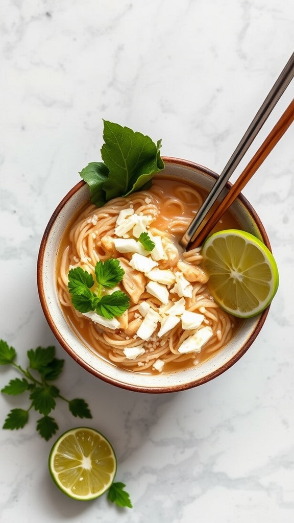 A bowl of Lime Coconut Chicken Ramen with lime slices and herbs.