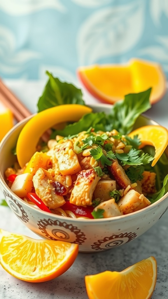 A vibrant bowl of mango chicken ramen salad with colorful ingredients.