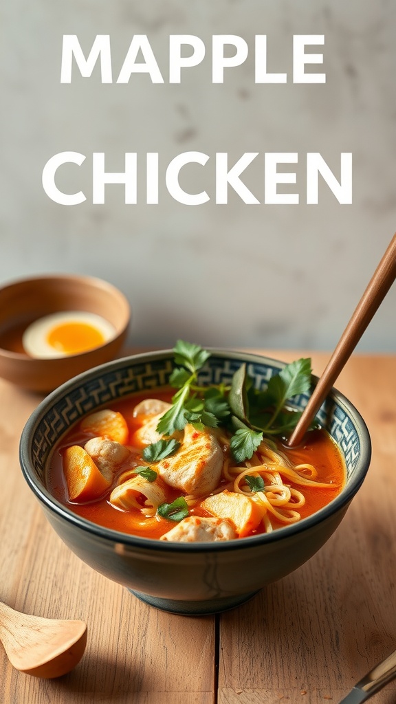 A bowl of maple ginger chicken ramen with vegetables and noodles.