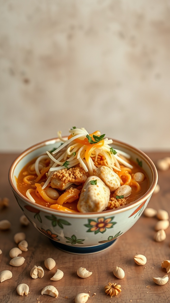 A bowl of peanut butter chicken ramen topped with bean sprouts and chopped peanuts.