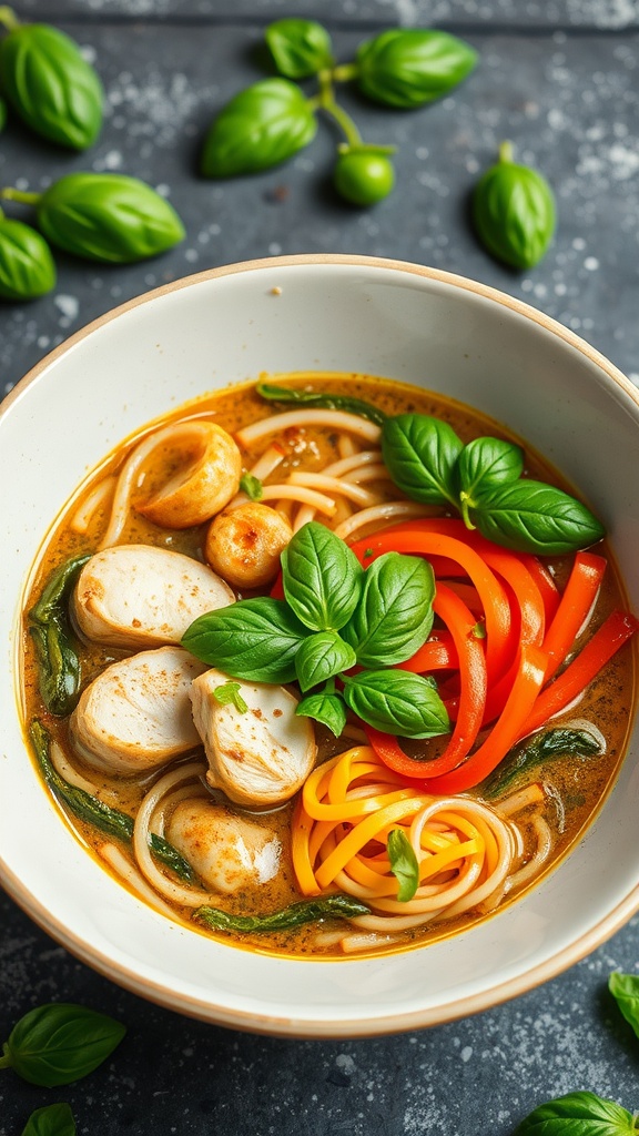 A bowl of pesto chicken ramen with colorful vegetables and fresh basil.