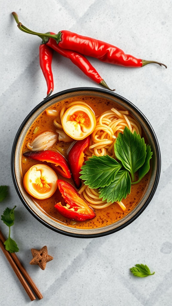 A bowl of delicious chicken ramen topped with roasted red peppers, soft-boiled eggs, and fresh herbs.