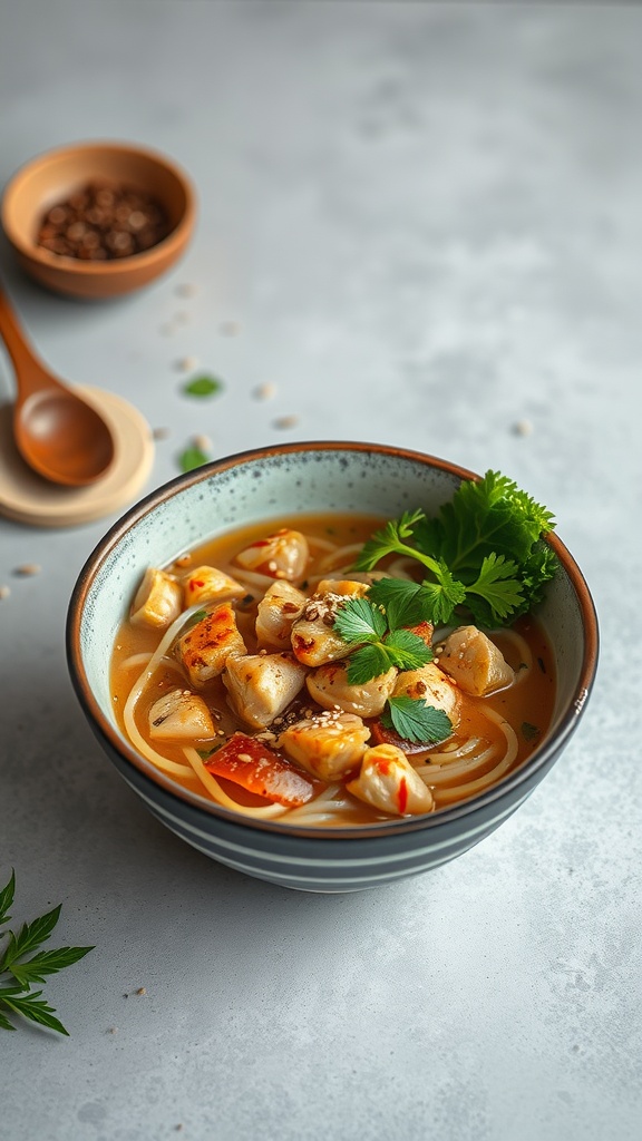 A bowl of Sesame Ginger Chicken Ramen with chicken pieces, vegetables, and garnishes.