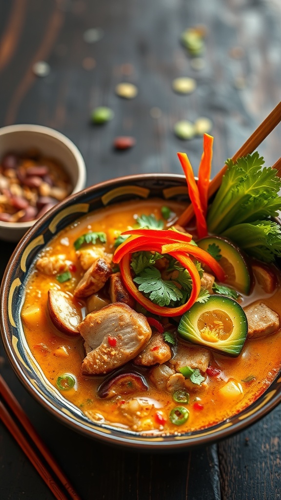 A bowl of spicy Sichuan Pepper Chicken Ramen topped with sliced vegetables and herbs.