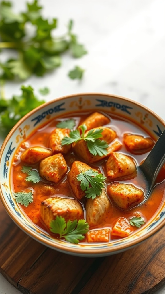 A bowl of smoky chipotle chicken ramen with chicken pieces and fresh cilantro on top.