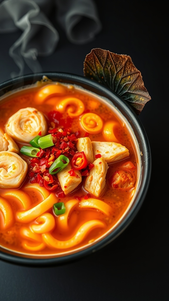 A bowl of spicy miso chicken ramen with vibrant toppings