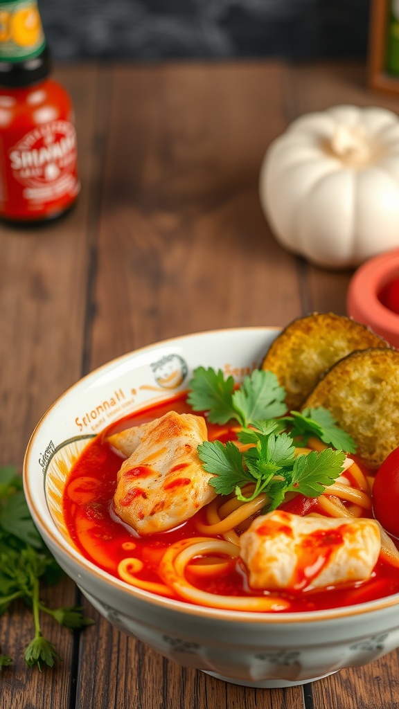 A bowl of spicy Sriracha chicken ramen with noodles, chicken, and garnishes.