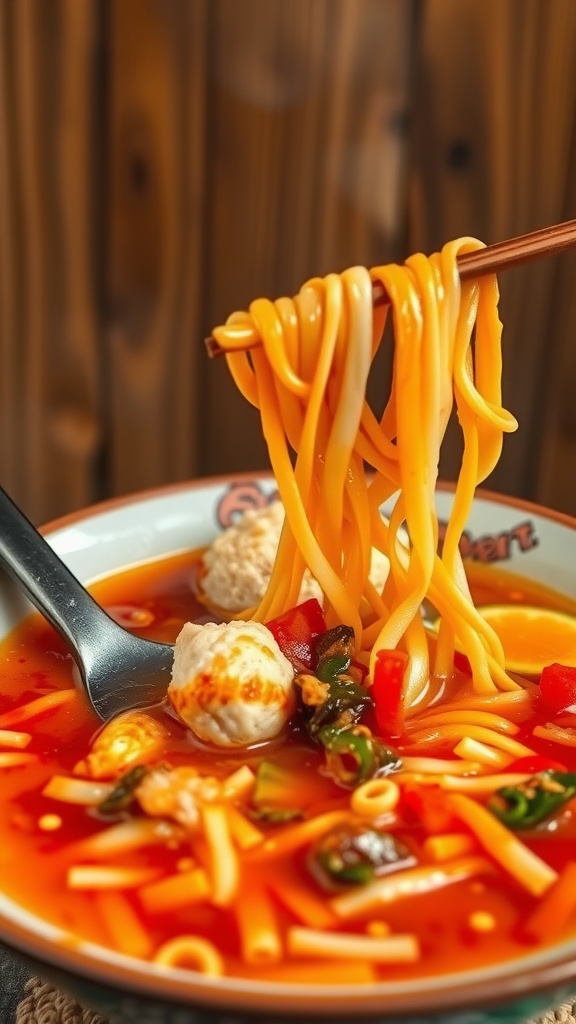 A bowl of ramen noodles with chicken and vegetables