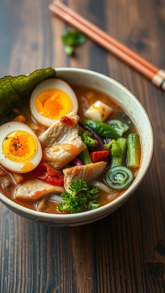 Bowl of teriyaki chicken ramen with soft-boiled eggs and vegetables.