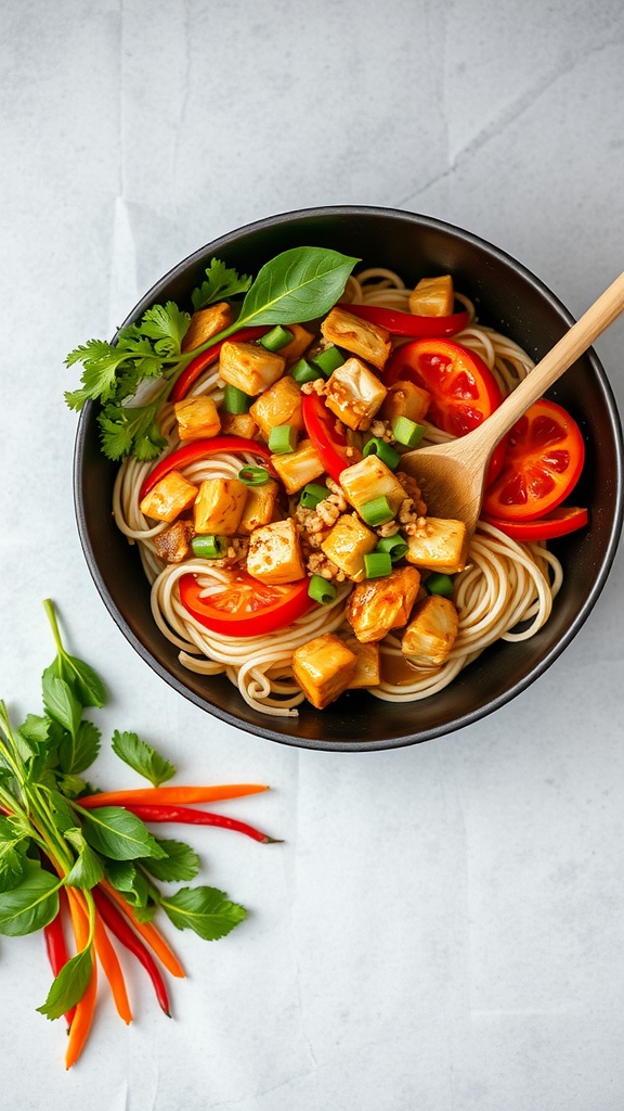 A bowl of teriyaki chicken ramen stir-fry topped with colorful vegetables.