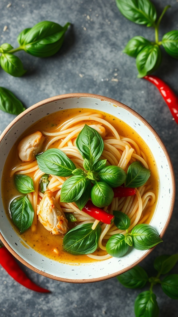 A bowl of Thai Basil Chicken Ramen with vibrant basil and red chili peppers.