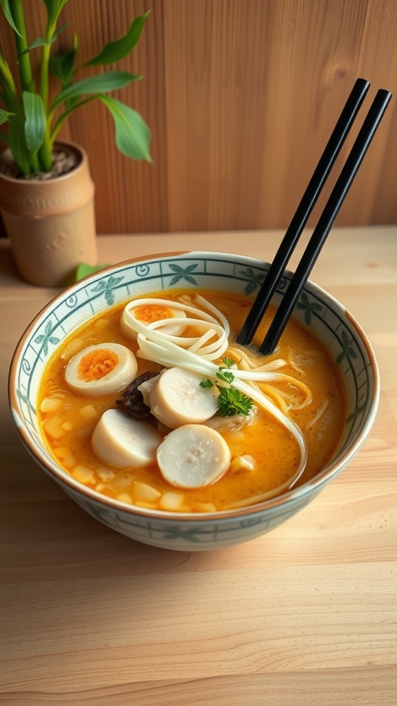 Bowl of tonkotsu chicken ramen with toppings