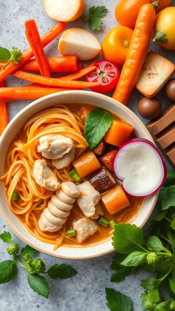 A bowl of vegetable chicken ramen with colorful vegetables and noodles.