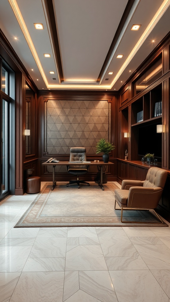 Luxurious small office interior with wooden furniture, elegant lighting, and modern decor.