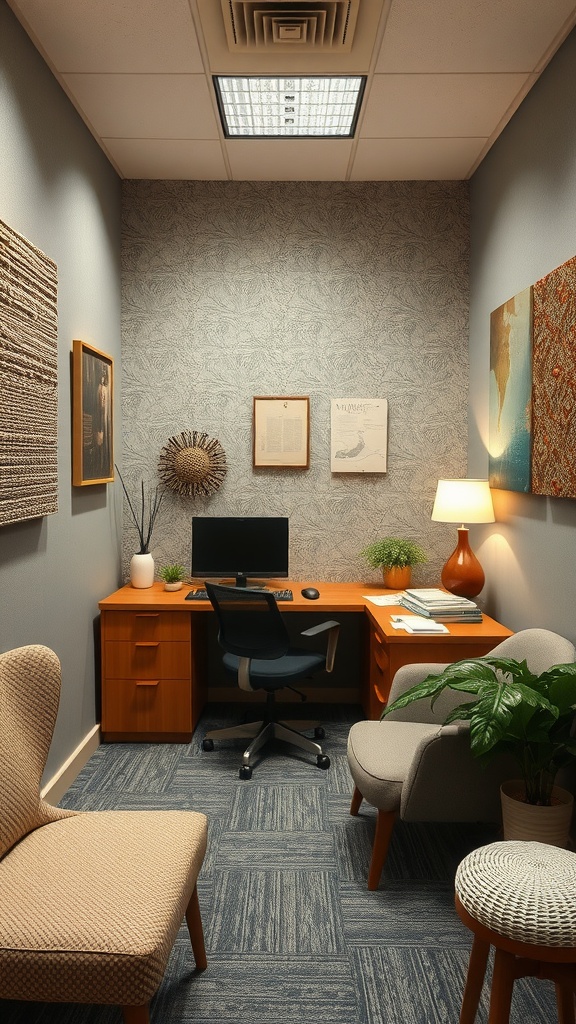 A cozy small office with textured wall art, a wooden desk, and inviting seating.