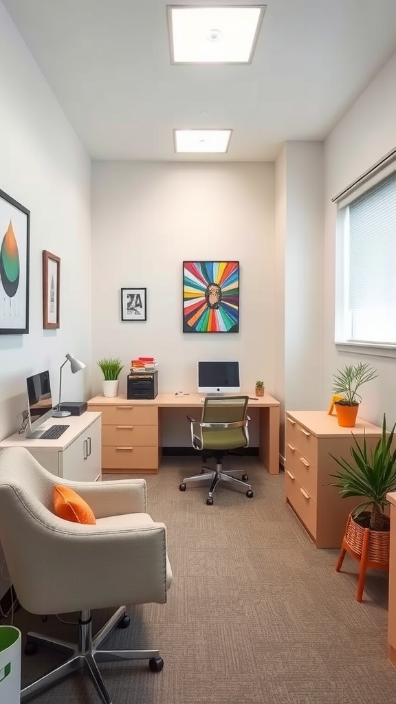 Small office interior with modern design and a cohesive color palette