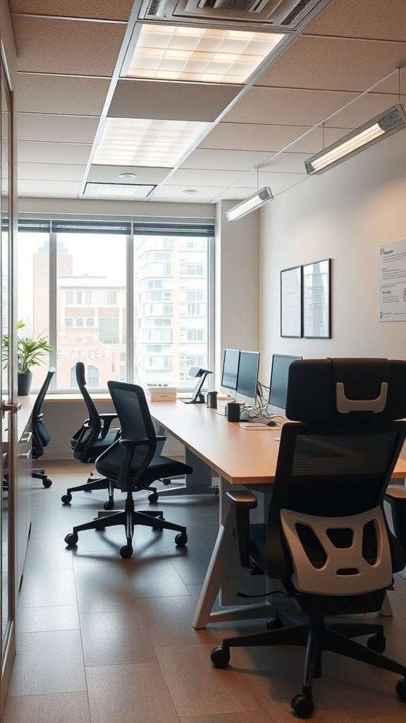 Interior view of a small office with ergonomic chairs and a desk setup.