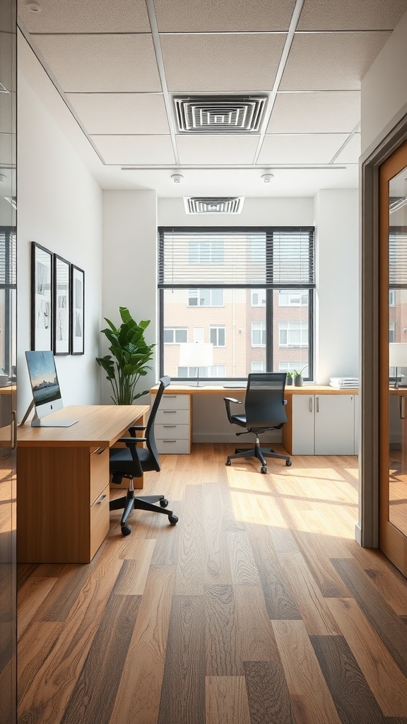 A small office interior featuring wooden flooring, desks, and a plant.