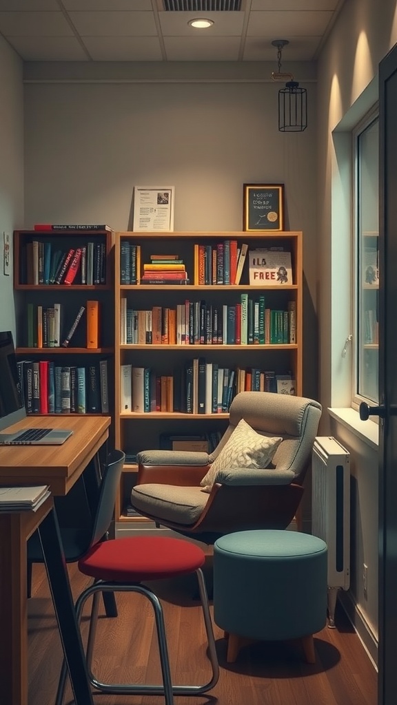 A small office nook featuring a comfortable chair, bookshelves filled with books, and a small blue stool.