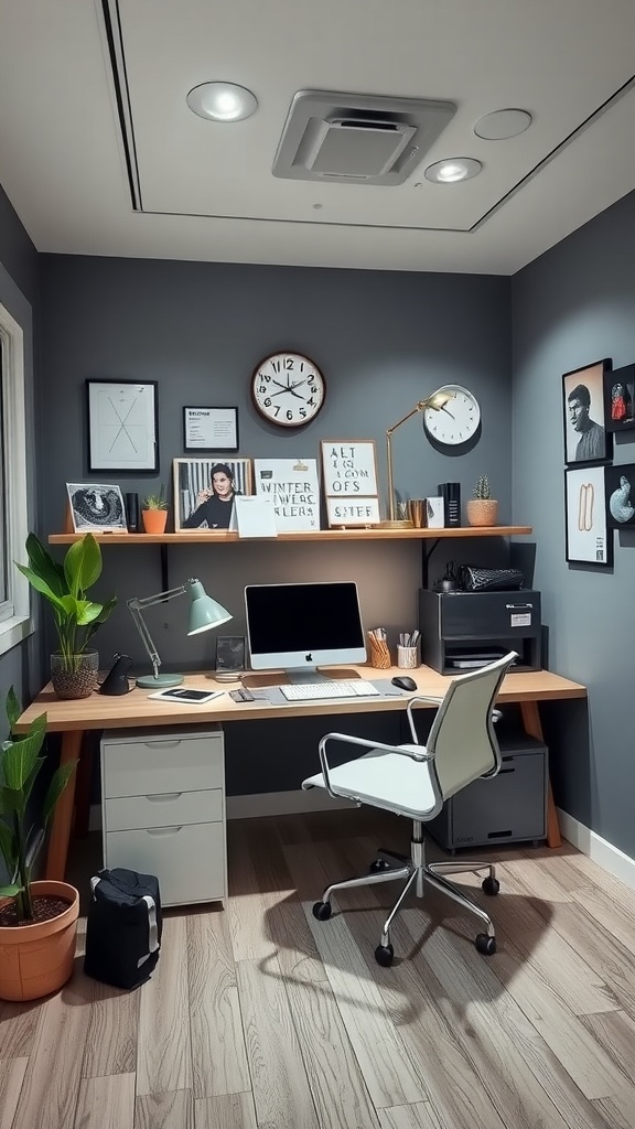 Small office interior with desk, chair, plants, and wall decorations