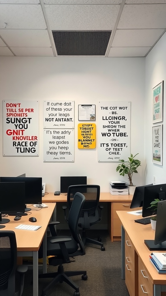 Small office interior design featuring motivational quotes on the wall.