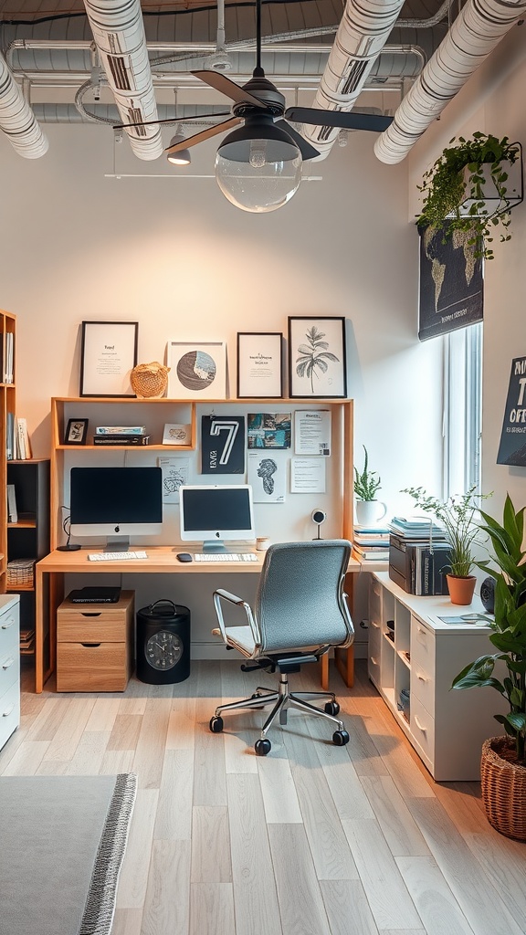 A stylish small office interior with modern design elements, featuring two computers on a desk, decorative plants, and framed artwork.